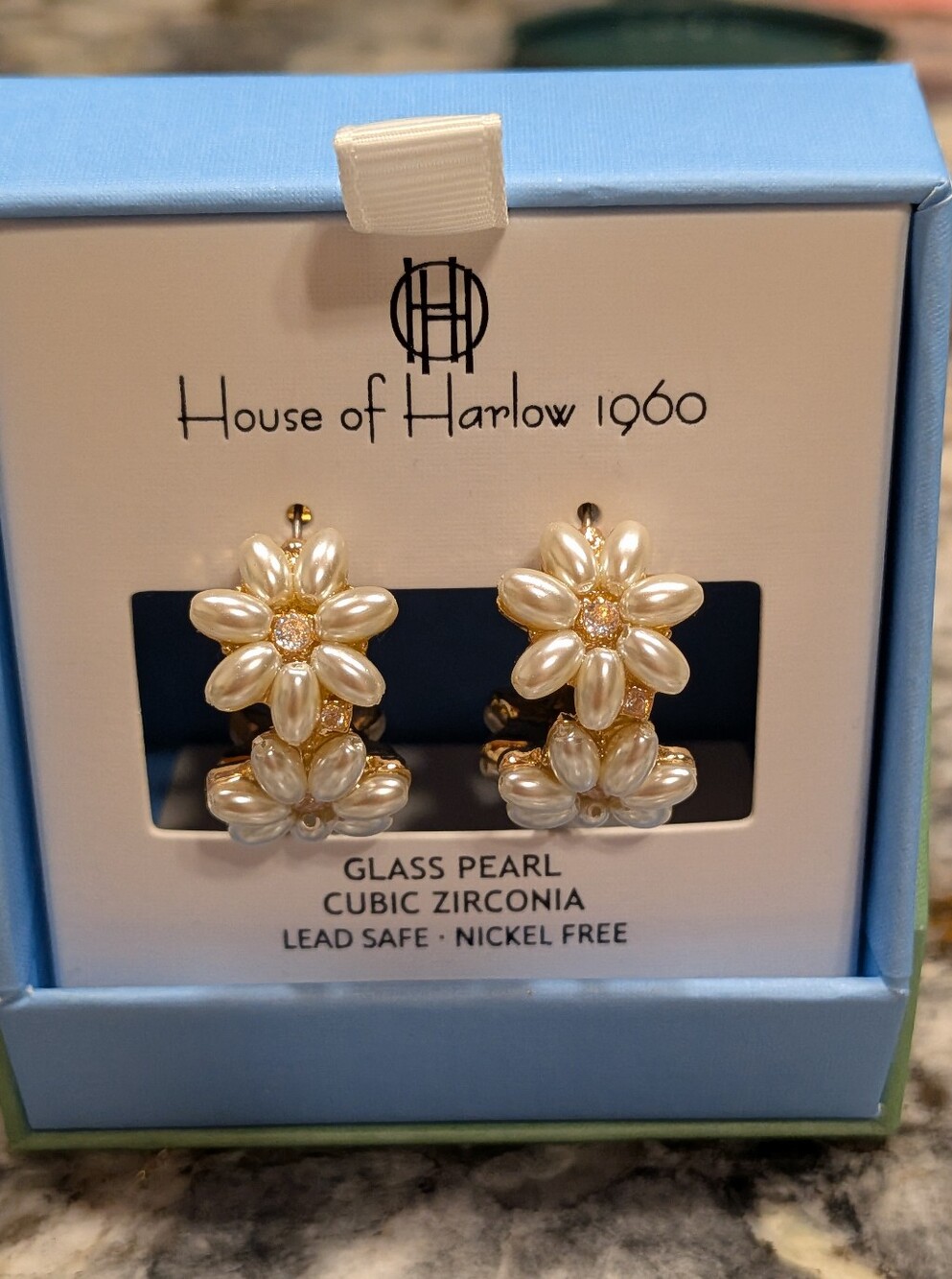House of Harlow 1960 Daisy Glass Pearl Earrings CZ Hoops, NIB